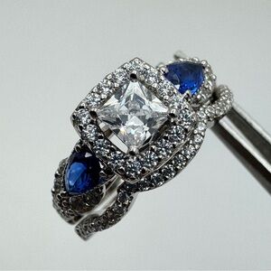 Sterling Silver CZ Sapphire Accent Two Band Ring Set Size 6 New